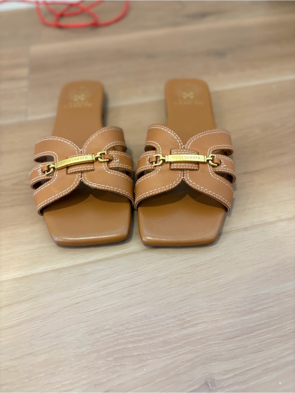 Vince Camuto Cognac Leather Slide Mules with Gold Accent - Picture 2 of 4